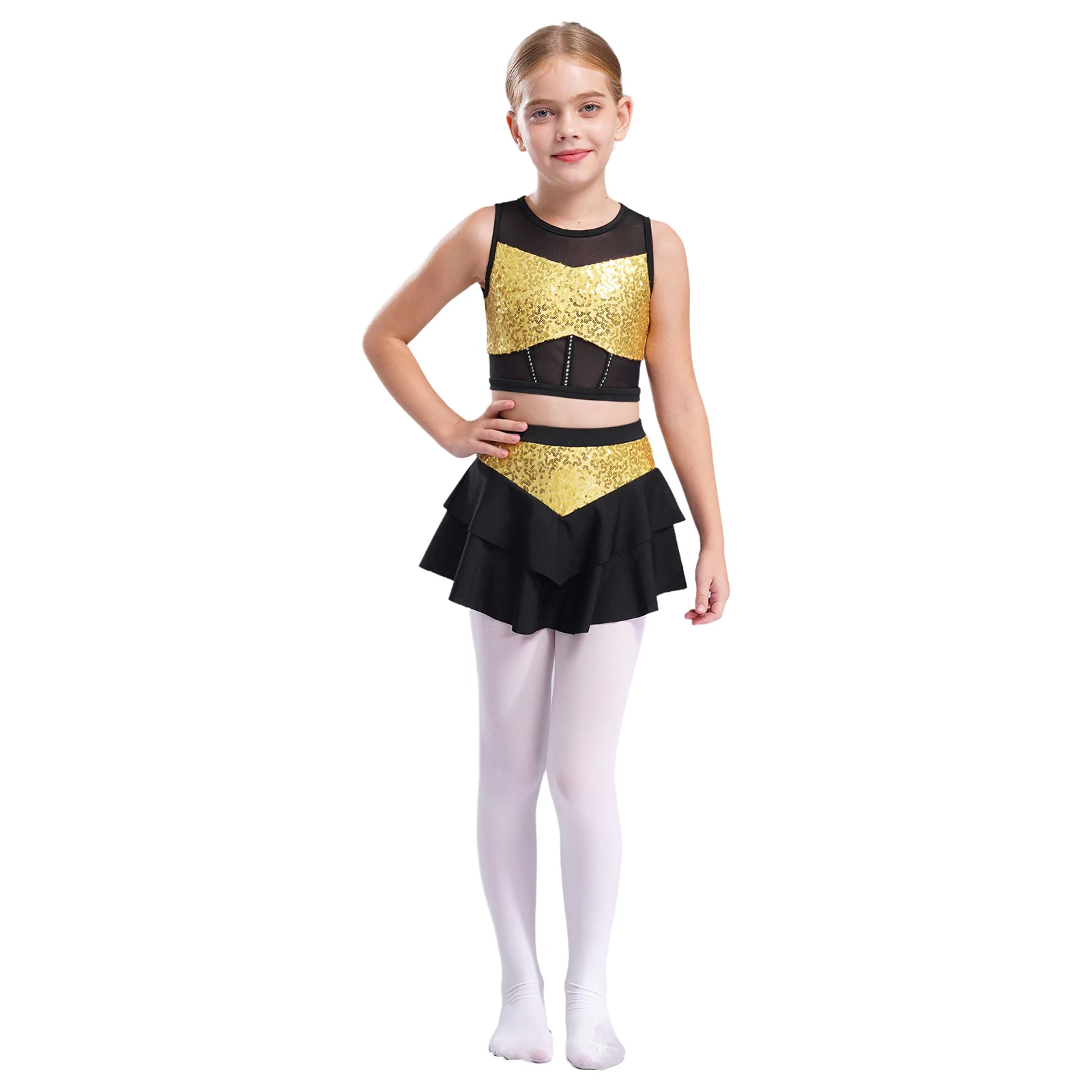 Kinder Mädchen Glänzende Pailletten Cheerleading-Uniform Cheerleader Ballett Jazz Tanz Performance-Kostüm Crop-Top mit Stufenrock für – Detail 32