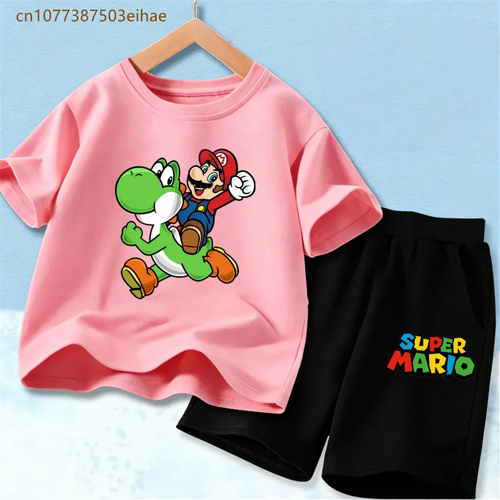 슈퍼 마리오 프린트 키즈 트레이닝복 세트 면 반팔 티셔츠 & 루즈핏 반바지 2종 캐주얼 의상 (남아, 여아 3-12세)