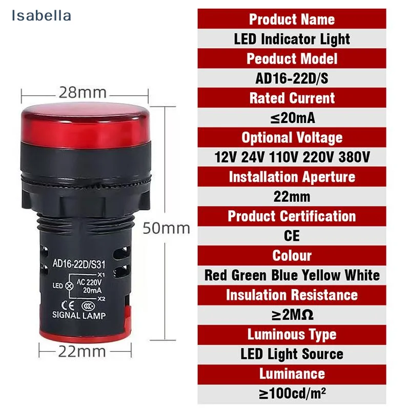 ♩ 표시등 신호 램프 라이트 AD16-22DS 22mm 패널 마운트 DC 12V 24V 110V 220V 380V 빨강 초록 노랑 파랑 흰색 LED 전구 20mA