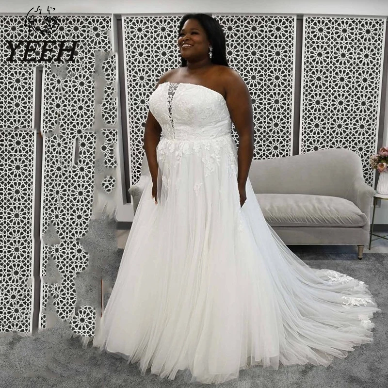 

Plus Size Wedding Dresses For Bride 2023 Strapless Lace Appliques A-Line Tulle Bridal Gowns Sweep Train Robe De Mariée YEEH