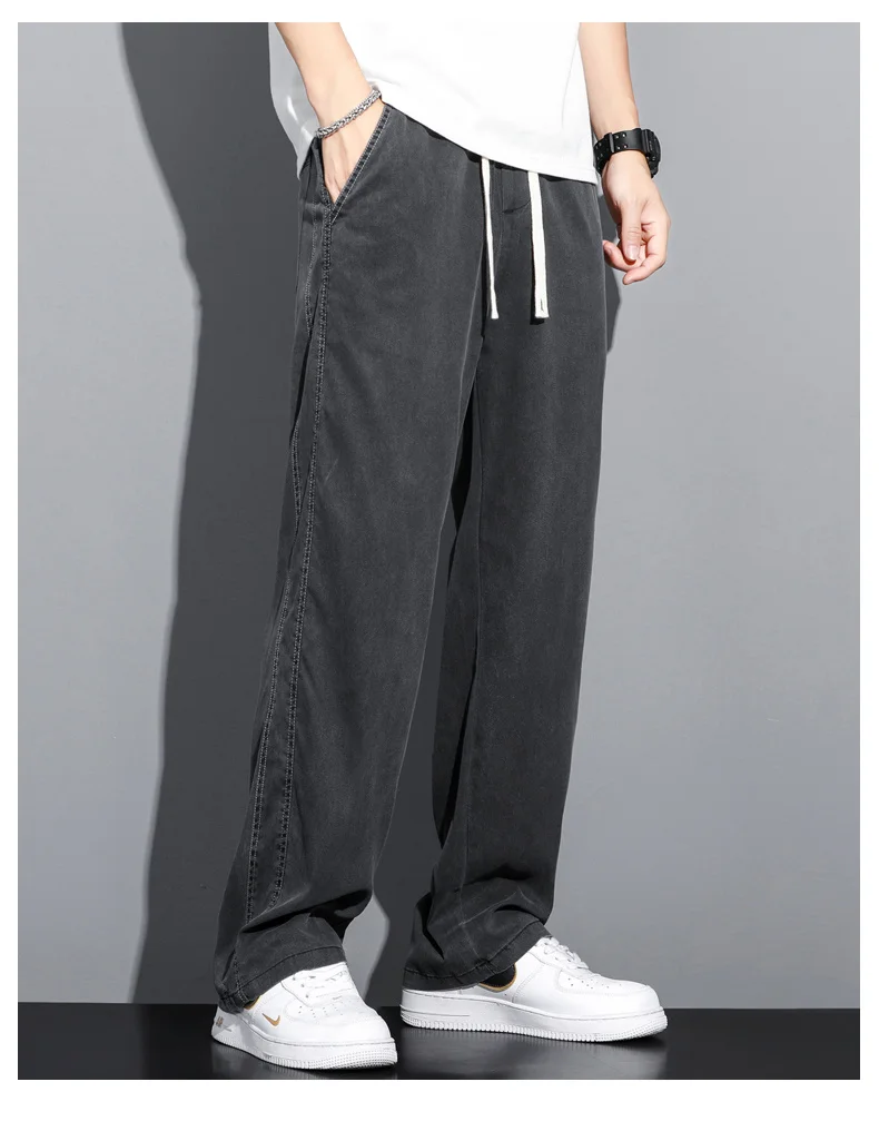 Summer New Soft Lyocell Fabric Men's Jeans Thin Loose Straight Pants Drawstring Elastic Waist Korean Trend Y2k Casual Trousers