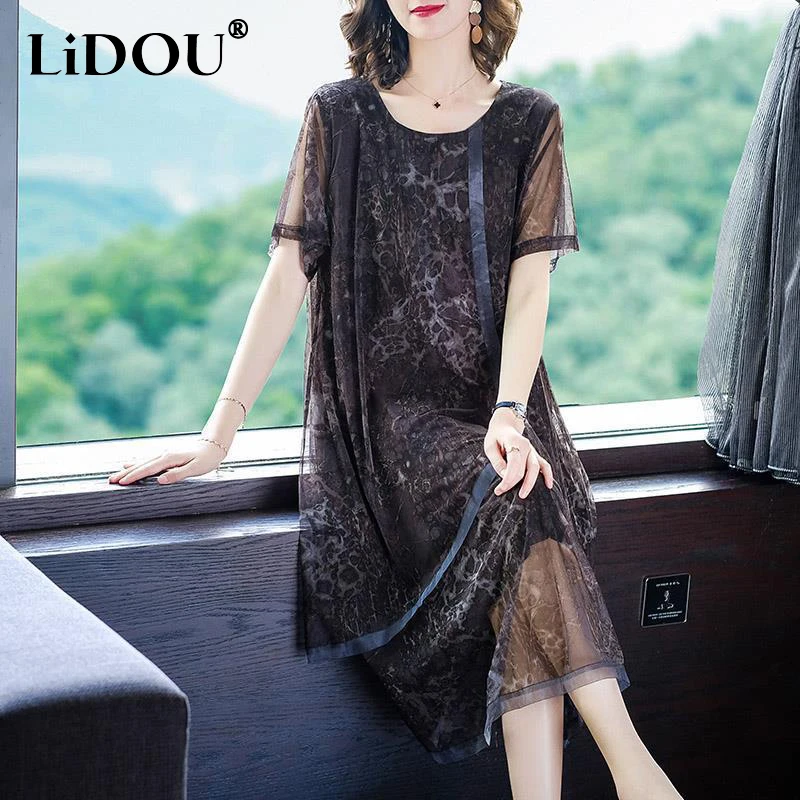 

Summer Oversized Vintage Printed Casual Fashion Vestido Ladies Short Sleeve Loose Mesh Patchwork A-line Robe Femme Elegant Dress