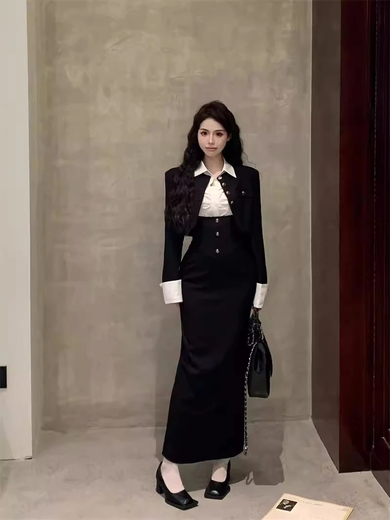 Y2K 3-piece Set Women Crop Coat Blazer White Shirt Halter Sleeveless Bodycon Midi Dress Autumn New Female Korean Chic Outfits