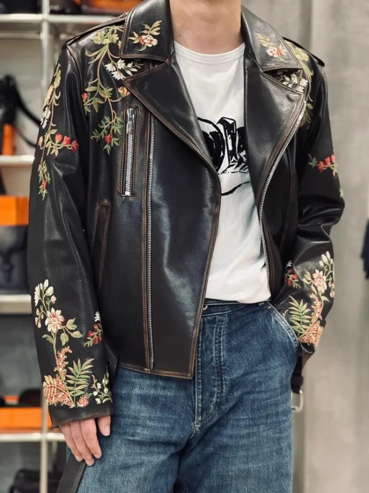 Motorcycle Men's Embroidered Leather Jacket OEM Custom 100