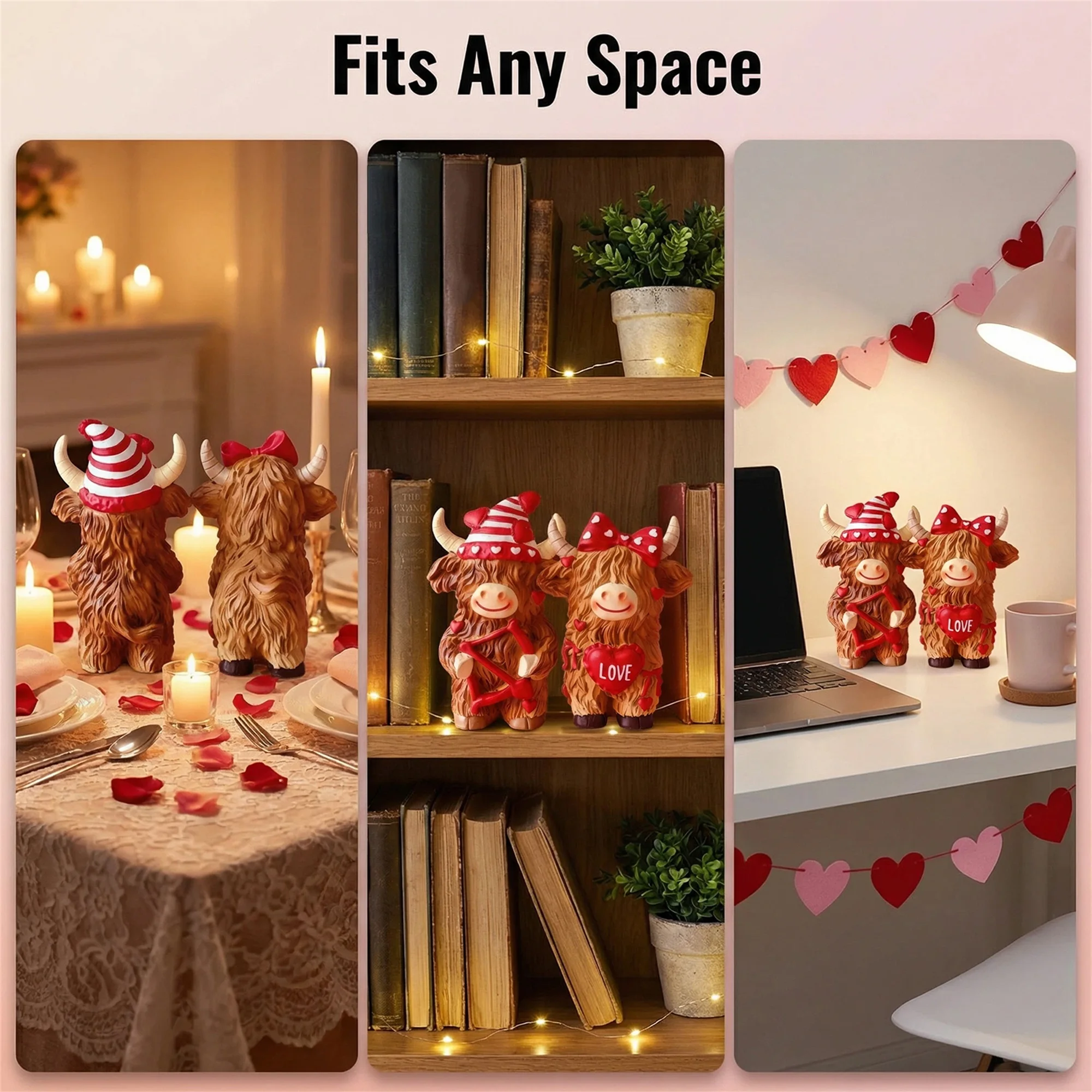 Valentine s Day Highland Cow Figurines Set of 2 Resin Heart Animal Statues for Home Decor and Holiday Parties