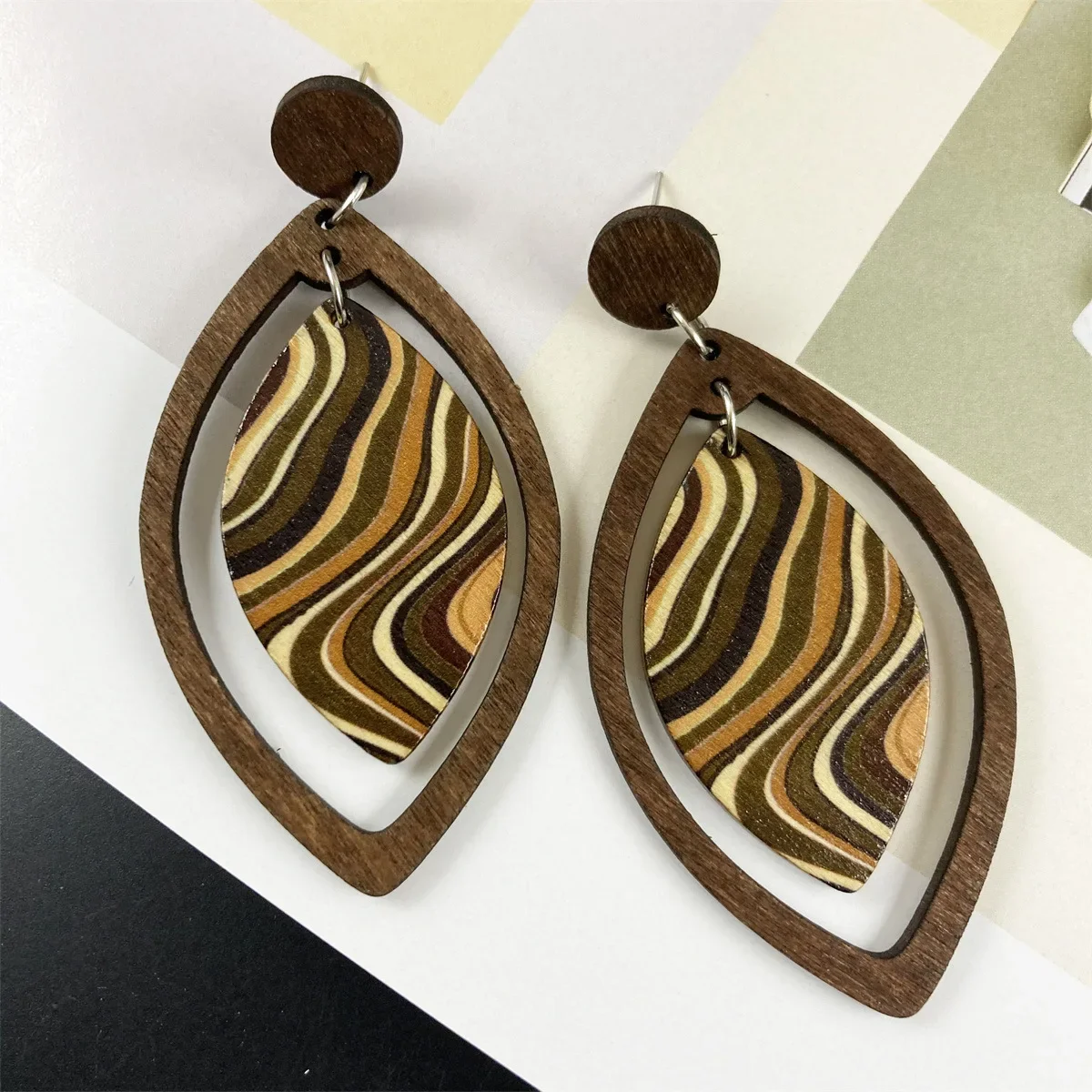 Bohemian Style Long Earrings Water Ripples Leaves Geometric Retro Wooden Earrings for Women Jewelry Wholesale 2