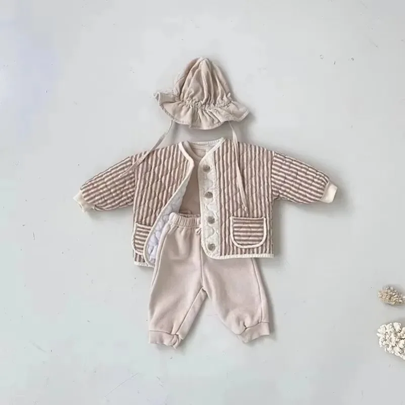 Baby Jacket Korean Baby Kids Vintage Rhombus Double Layer Jacket Autumn Winter Boys Girls Cotton Padded Parka Children Warm Quilted Coat