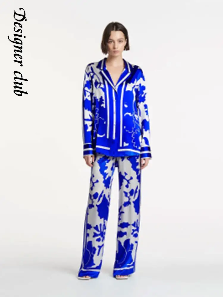 Loose Printing Two-piece Set Elegant Long Sleeve Single Breasted Shirt Wide Leg Pants Sets High Street Lady Suit