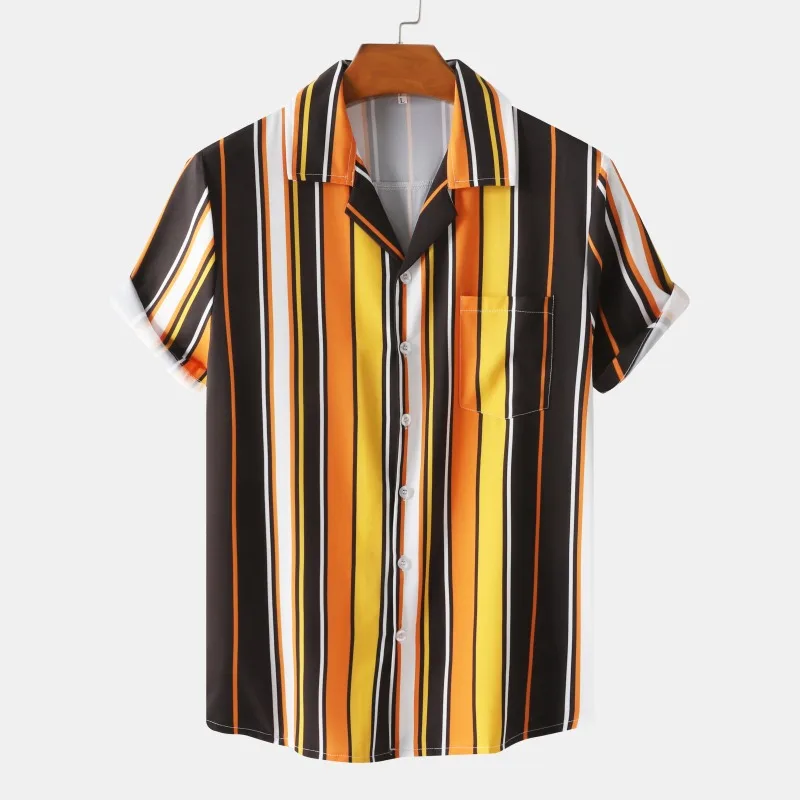 Summer Hawaiian Beach Style Cuban Neck Ice Silk Draped Digital Printed Short Sleeve Shirt