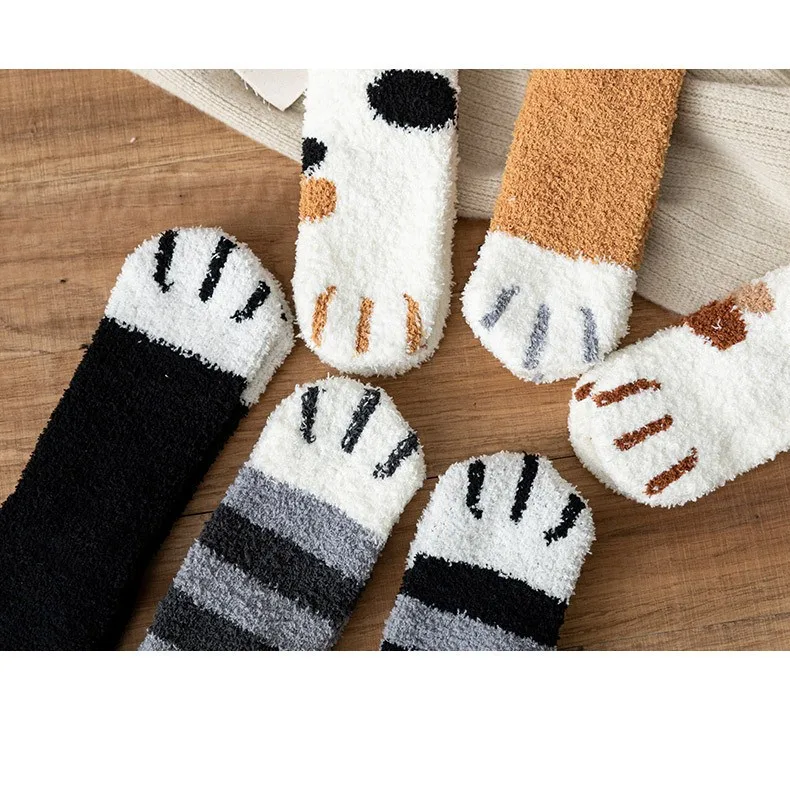 2 Paar Winter-Plüschsocken mit Lustigem Tiermuster, Niedliche Katzenpfoten-Cartoon-Muster Damen-Baumwollsocken, Superweiche Schlaf- und Haussocken – Detail 18