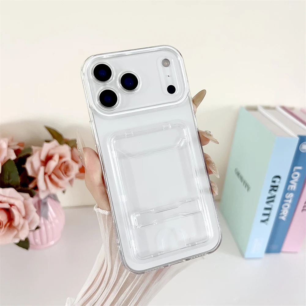 Transparent Card Holder Wallet Case with Folding Stand and Candy Color Finish
