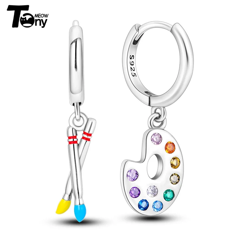925 Sterling Silver Hoop Earrings For Women Star Moon Paint Feather Musical Note Colorful Zircon Fashion Earrings Women Gift