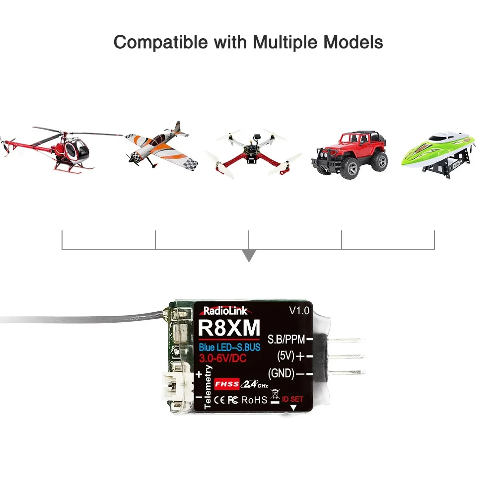 Récepteur Radiolink R8XM 8 canaux 2.4GHz avec télémétrie pour RC6GS RC4GS T8FB T8S, boîte et accessoires