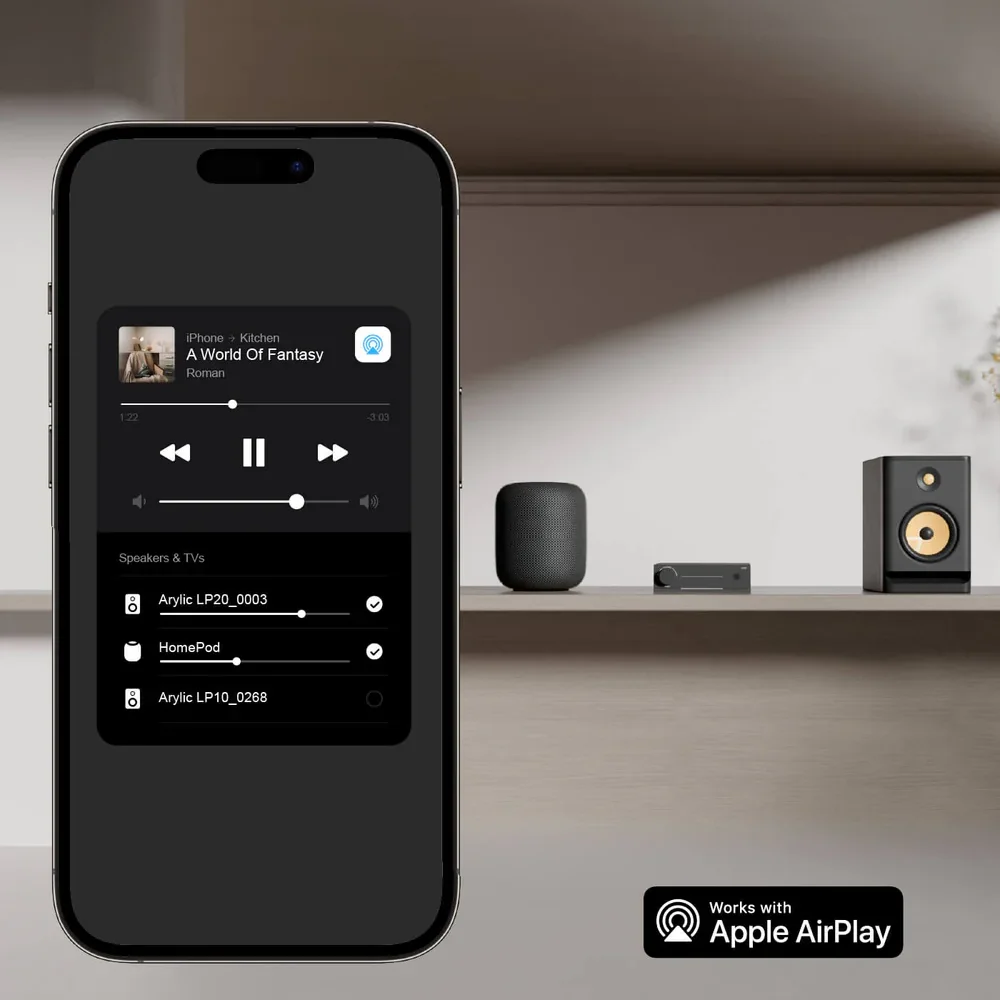 아릴릭 LP20 하이 레졸루션 스트리머 AKM DAC 블루투스 5.4 aptX HD AirPlay2 Spotify Tidal 듀얼 WiFi LAN 광케이블 멀티룸 오디오 리시버
