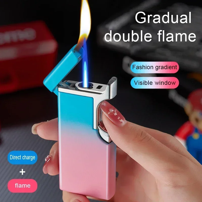 

New Metal Ultra-thin Cute Lighter Double Flame Gradient Color Fashion Inflatable Windproof Cigarette Accessories