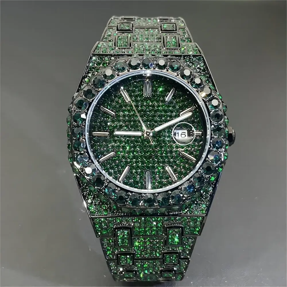 2024 New Hip Hop Men's Green Watch Fashion Iced Out Quartz Wristwatch Luxury Big Diamond Bling Wristwatch Man Reloj Dropshipping