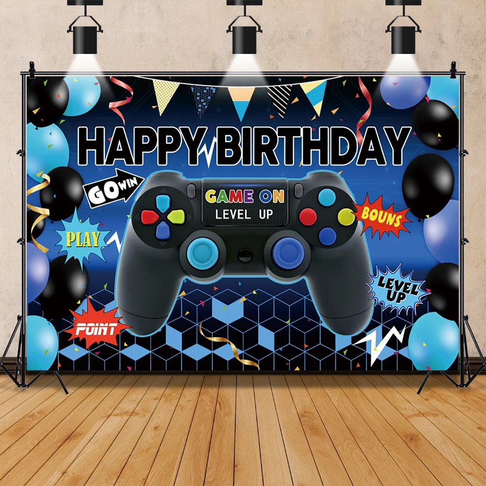 Laeacco Child Baby Play Games Gamepad Happy Birthday Party Balloons Comic Poster Portrait Photo Background Photography Backdrop