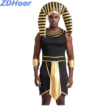 Mens Egyptian Pharaoh Halloween Costume Set Sleeveless Contrast Color Dress with Cuffs And Snake Head Hat for Cosplay