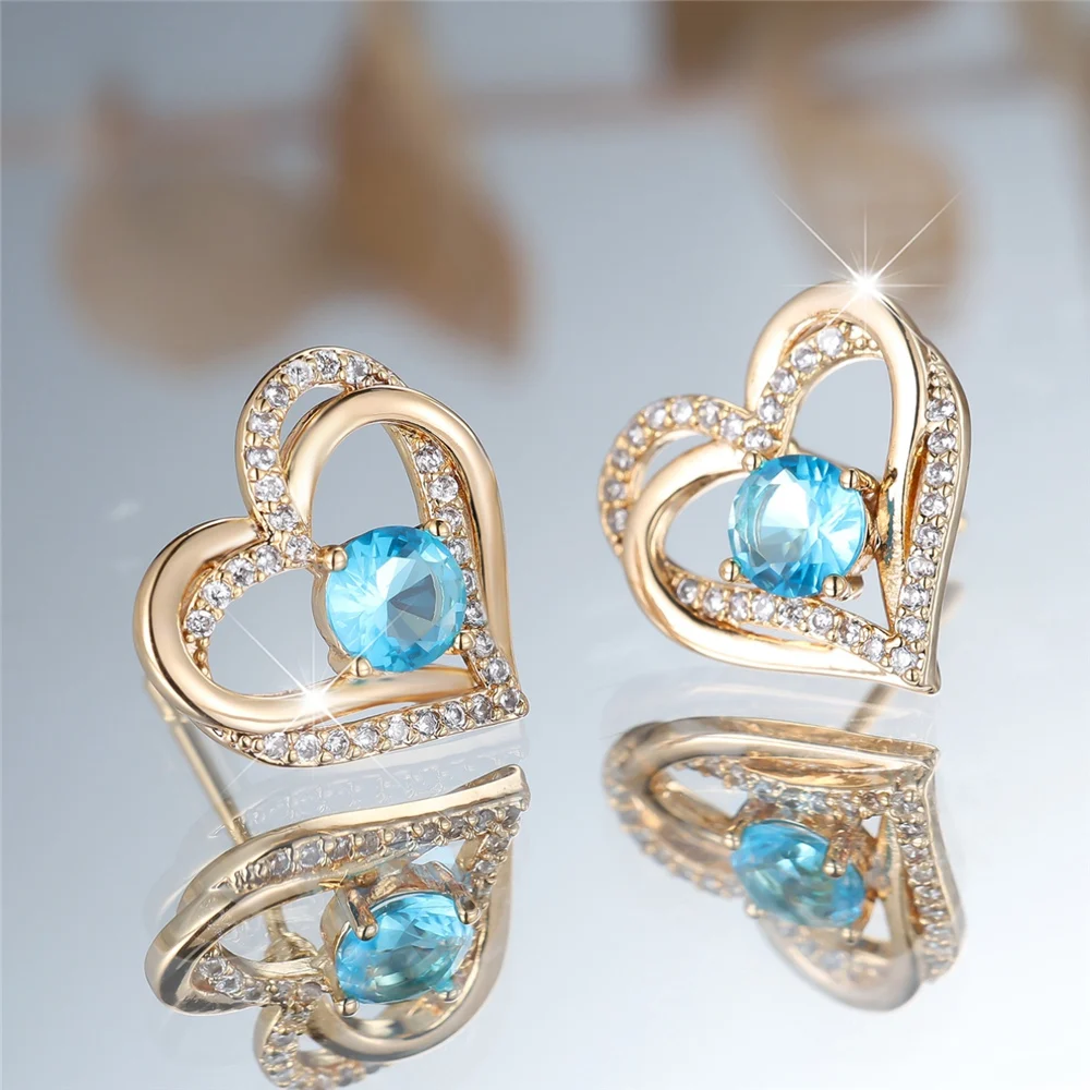 Cute Female Crystal Water Blue Zircon Round Stone Love Heart Stud Earrings Gold Color Wedding Jewelry For Women