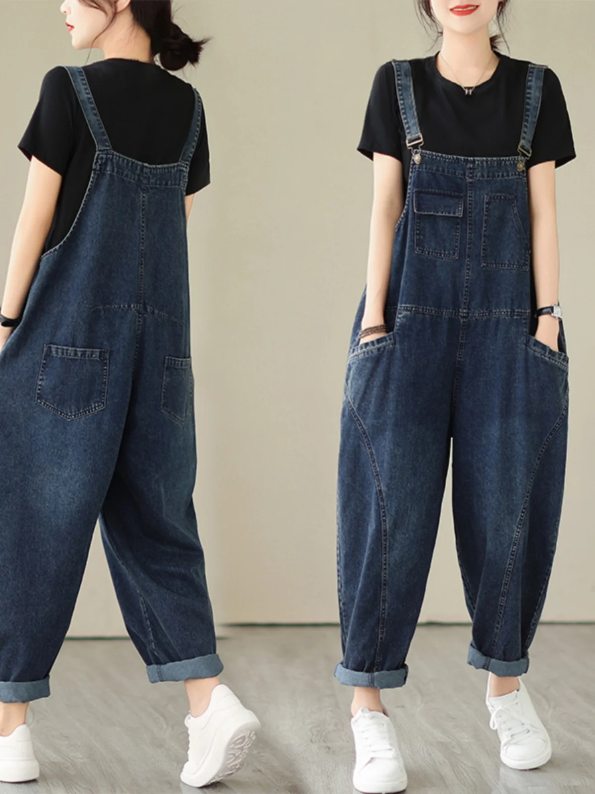 Fall Women's Loose Jeans Overalls Deep Blue High Waist Design Sensation plus Size Faion plus Size Women's Loose Slimming