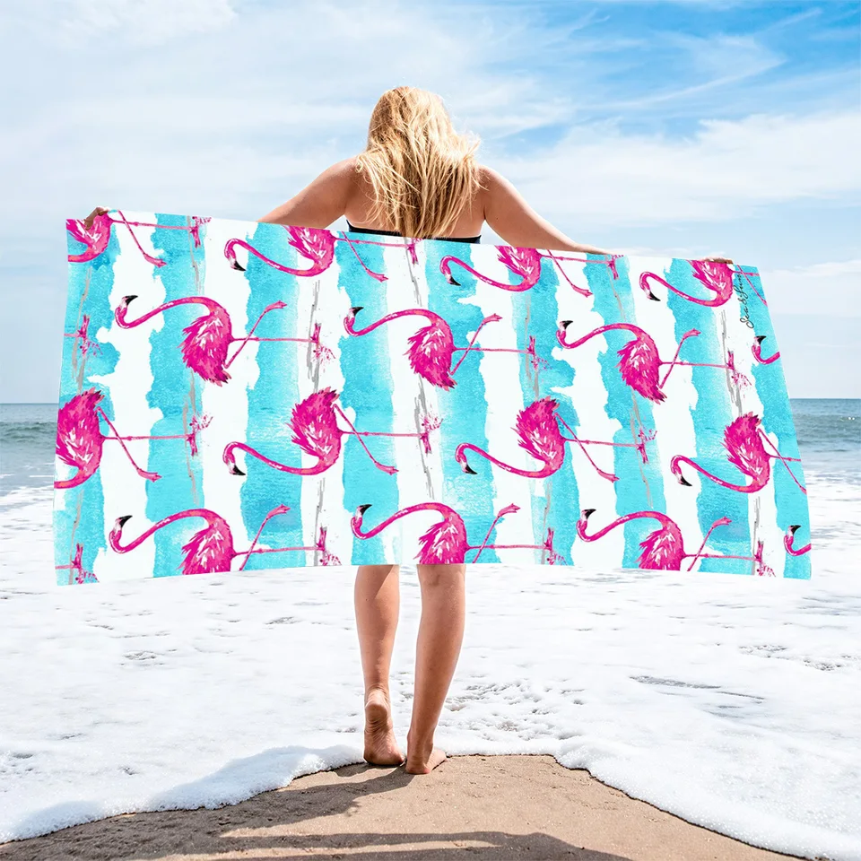 Toalha Praia Makachen Flamingo - Microfibra Secagem Rápida - 152x76cm - Rosa Azul Listrada