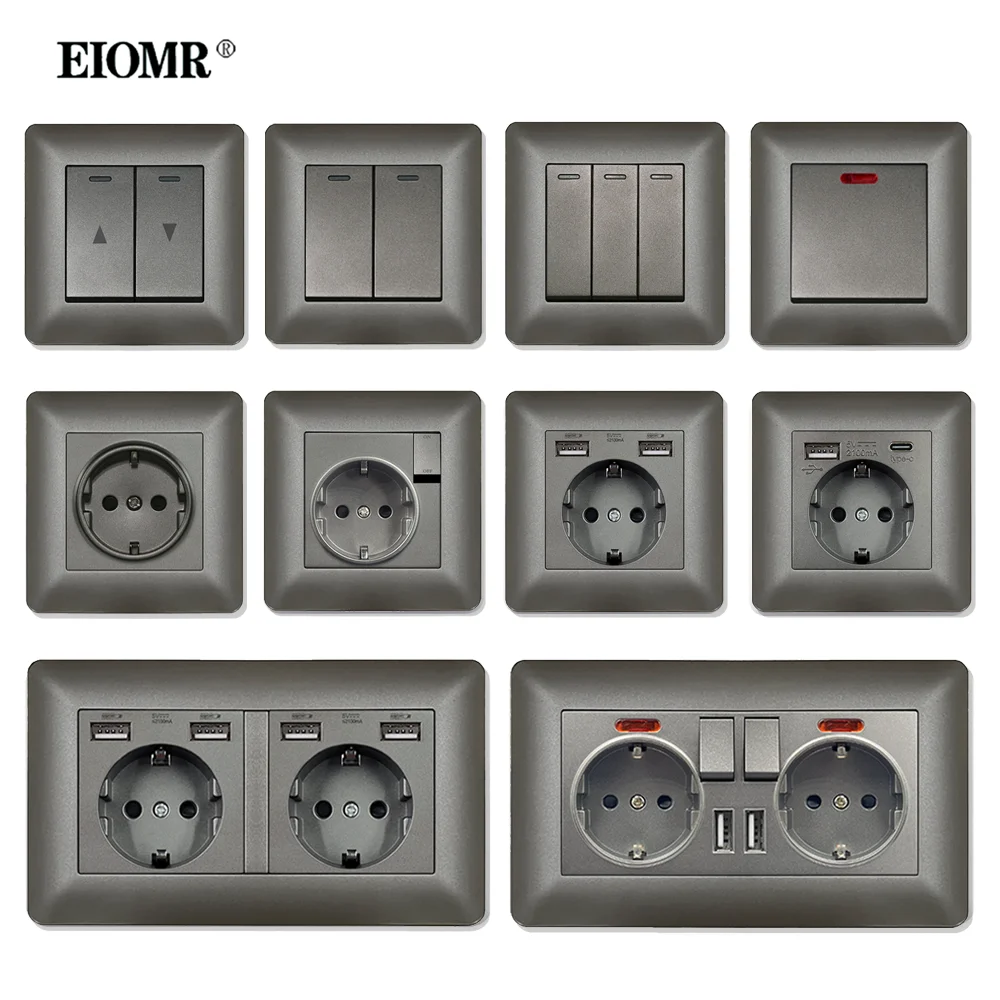 Tomadas Elétricas de Parede Eiomr com Plugue Usb tipo c tv Interface Rj45 Painel de Plástico Retardador de Chamas Cinza Soquete Simples e Duplo
