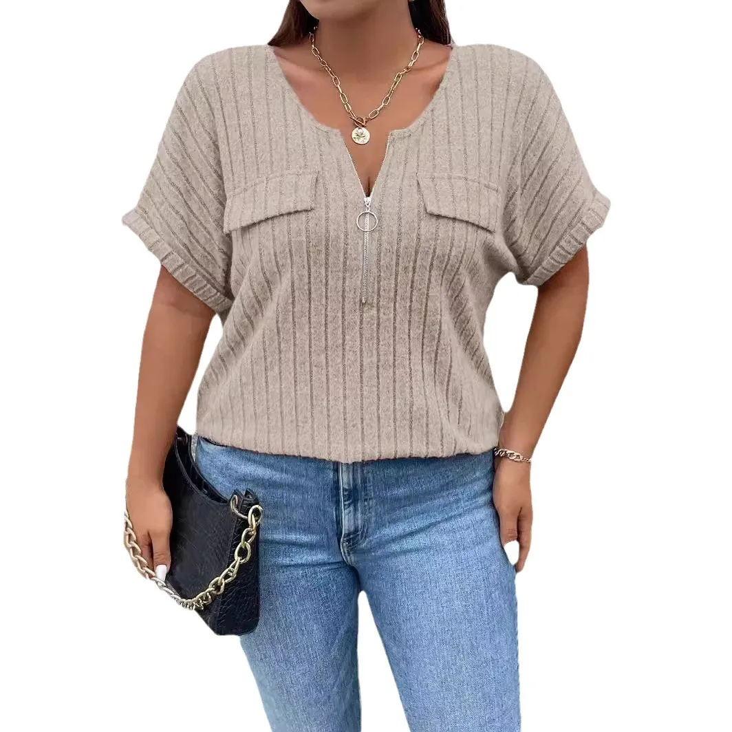 Women Round Collar Short Sleeve Knitwear Loose Tshirt
