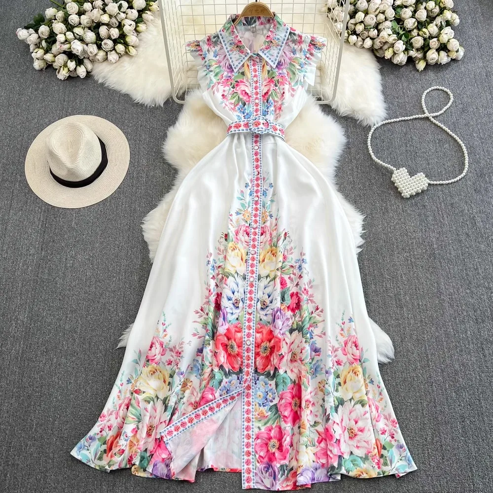 

Summer Holiday Vacation Women Maxi Dress Runway Lapel Floral Print Ruffles Sleeveless Single Breasted Party Long Vestidos A6682