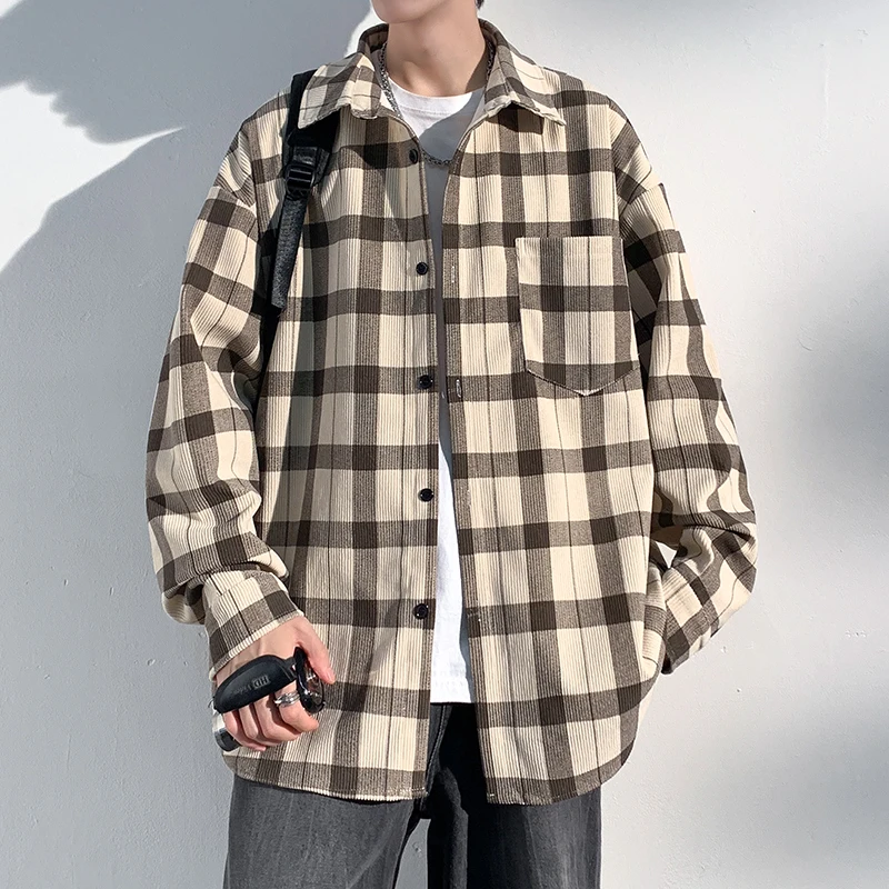 

Autumn New Korean Men's Soft Corduroy Plaid Long Sleeve Shirts Shirt Neutral Fashion Casual Oversize Shirt Coat Quality Clothing