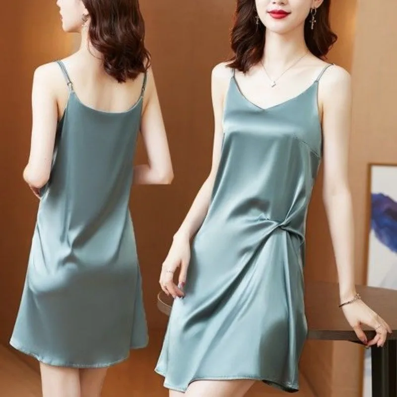 

2024 New Style Inner Matching Medium Length V-neck Bottom Vest Skirt Silk Suspender Dress for Women Summer Acetic Acid Satin