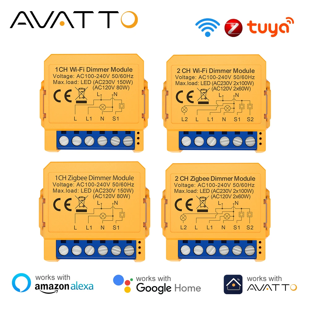 Avatto Tuya โมดูล sakelar peredup อัจฉริยะ1/2ช่องสวิทซ์ไฟหรี่สวิตช์โมดูลควบคุมรีโมทแอปสำหรับ Alexa Google Home 1