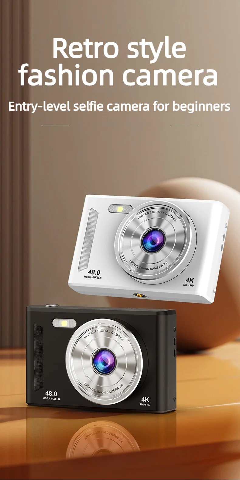 Nouvel appareil photo numérique portable 2026 : mise au point automatique, double caméra, flash, mode selfie, capteur CCD._voghion.com