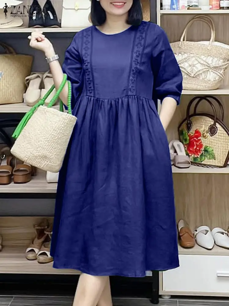 

2024 Summer Fashion Dress ZANZEA Women O Neck 3/4 Sleeve Robe Femme Vintage Holiday Work Sundress Elegant A Line Loose Vestidos