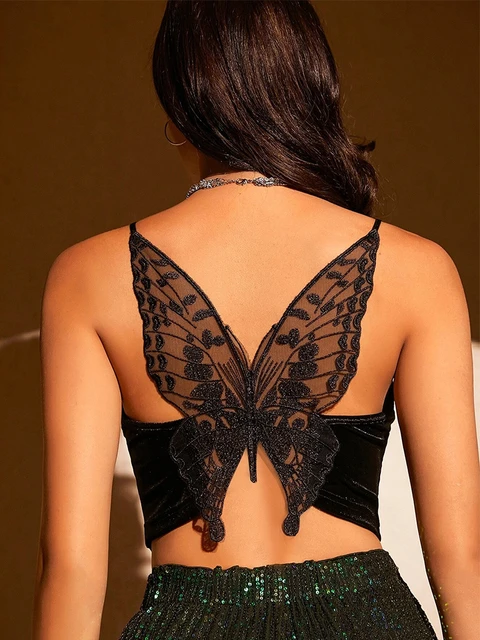 Sexy Butterfly Embroidery Mesh Velvet Cami Top Women Club Solid V-neck  Sleeveless Spaghetti Strap Crop