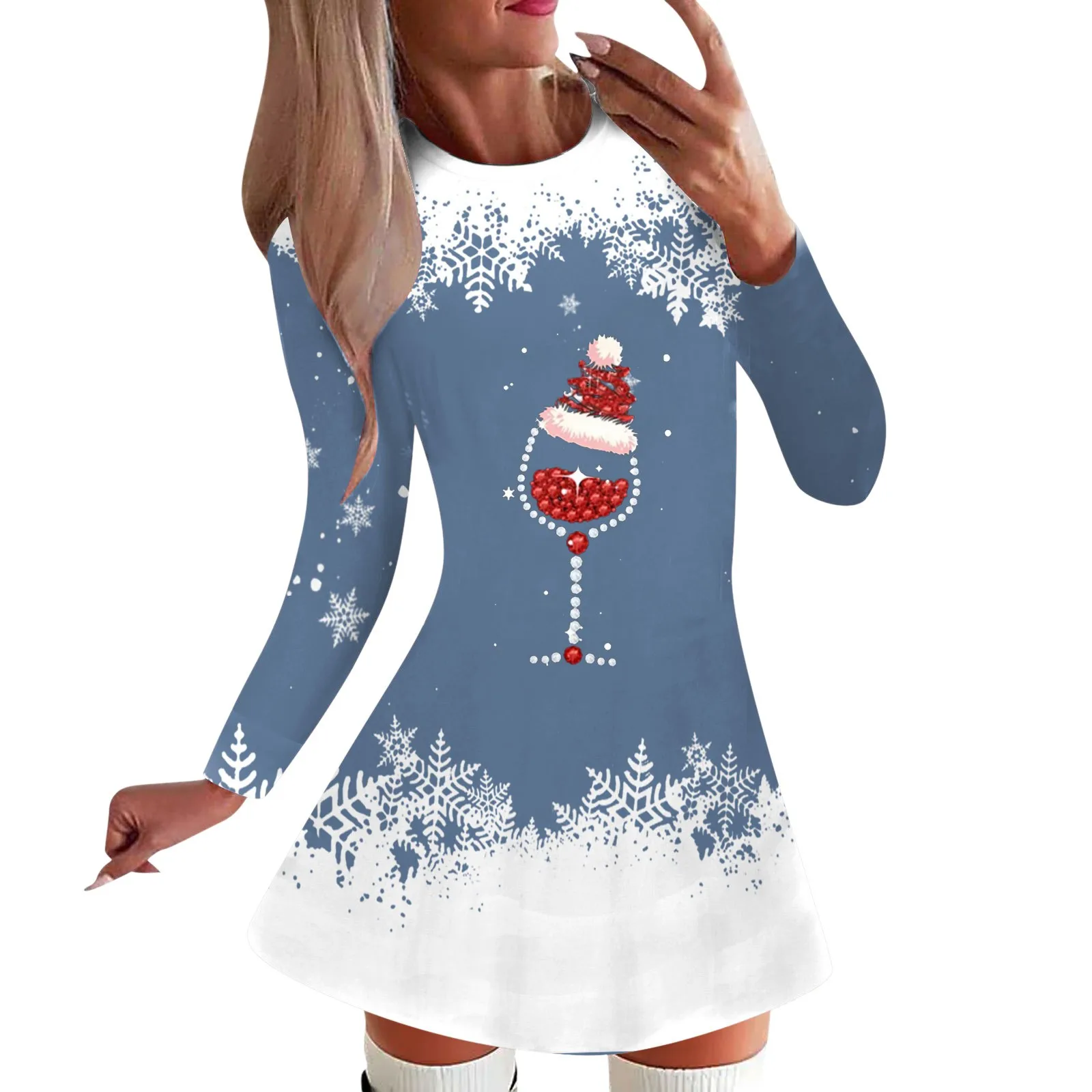 

Women's Fashion Casual Christmas Dress Long Sleeved Printed Round Neck Party Christmas Snowflake Womens Summer Dresses Casual