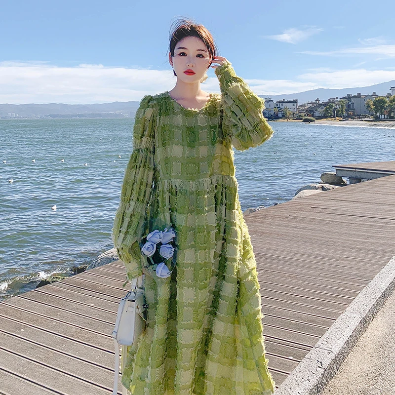 

Small Fresh Plaid Dress for Women 2023 Autumn New Long Sleeve O-neck Casual Loose Elegant Sweet Style Maxi Dresses Girl 9208