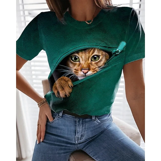 New  Printing Cute Cat/Cat Printing Female T-shirt Fashion Fitness Girl Short-sleeved Tops Fashion Casual Niche Design Clothing NUBP-1