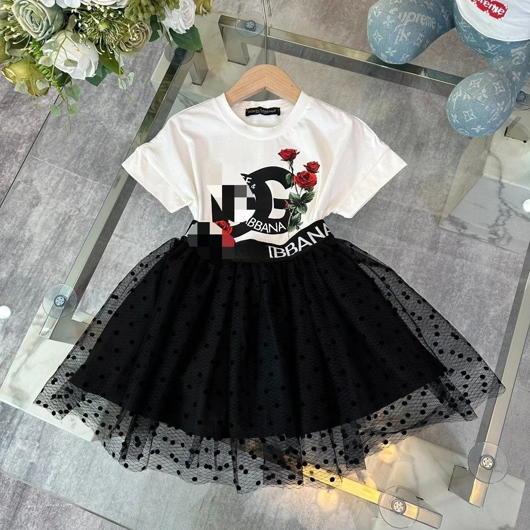 girls-2024-new-clothesset-round-neck-short-sleeve-t-shirt-mesh-skirt-two-piece-set-kids-deisgner-clothes-brand