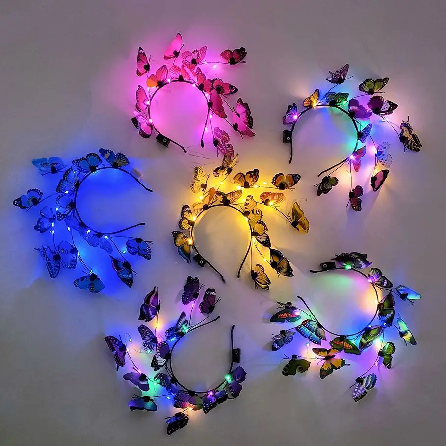1pc New LED Glow Butterfly Strap Headband Girls Colorful Butterfly Hair Strap Birthday Party Bridal Wedding Headwear Photo Props