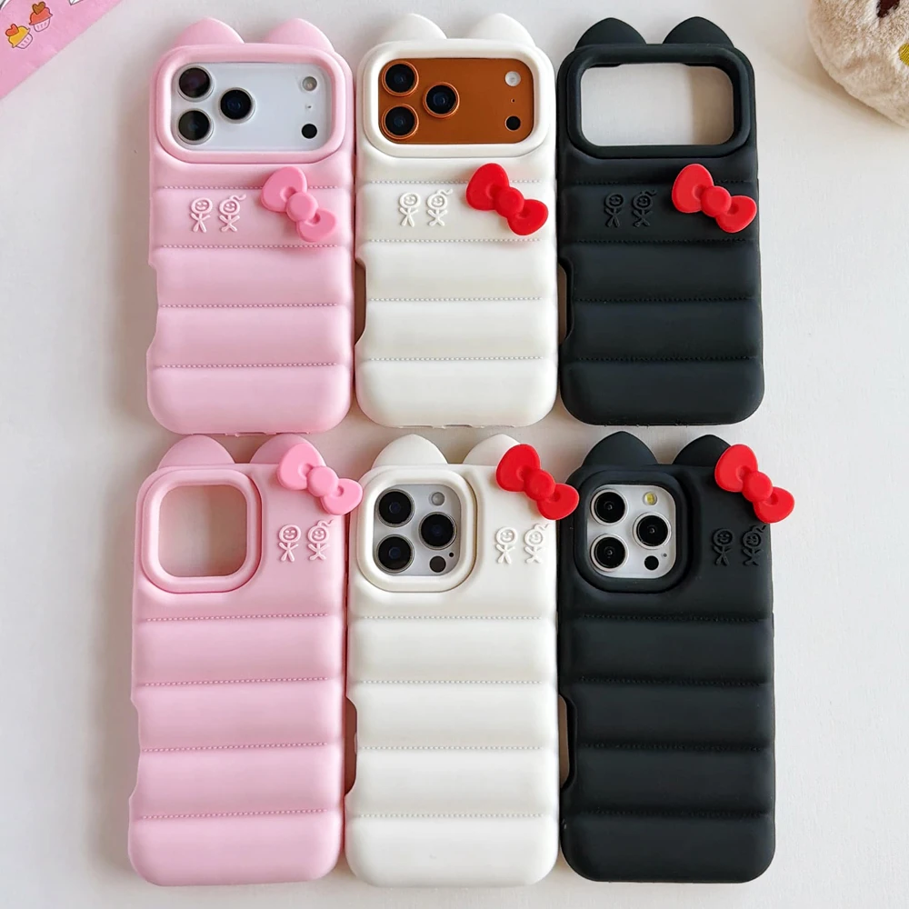 Süße Kitty-Katze, Daunenjacke, Schleife, weiche Silikon-Handyhülle für Apple iPhone 13, 14, 15, 16, 17 Pro Max, stoßfeste Puffer-Abdeckung