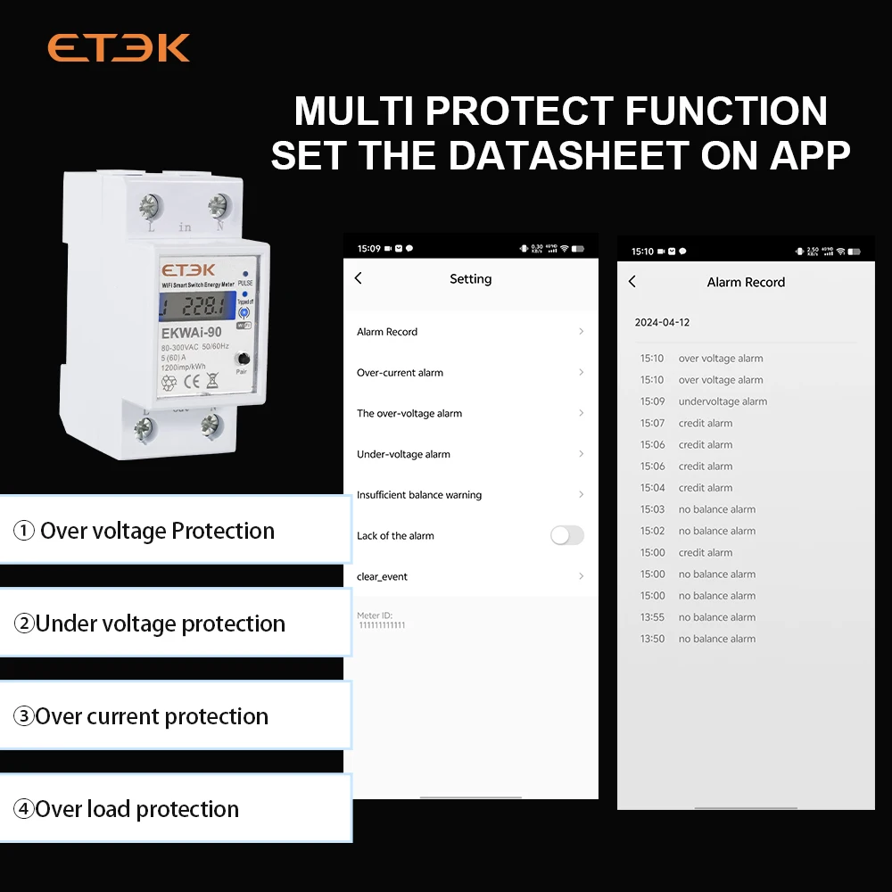 ETEK Energy Power kWh Meter 2P TUYA APP WiFi Smart Circuit Earth Leakage Over Und EKWAier Voltage Protector Relay Device EKWAi
