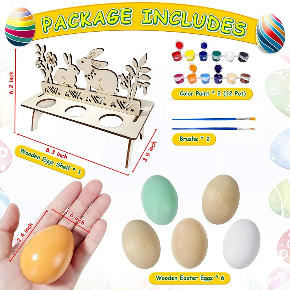5pcs Wooden Easter Eggs+12 Colors +2 Paintbrushes DIY Graffiti Egg Set For Children's Painting Toy Home Decoration