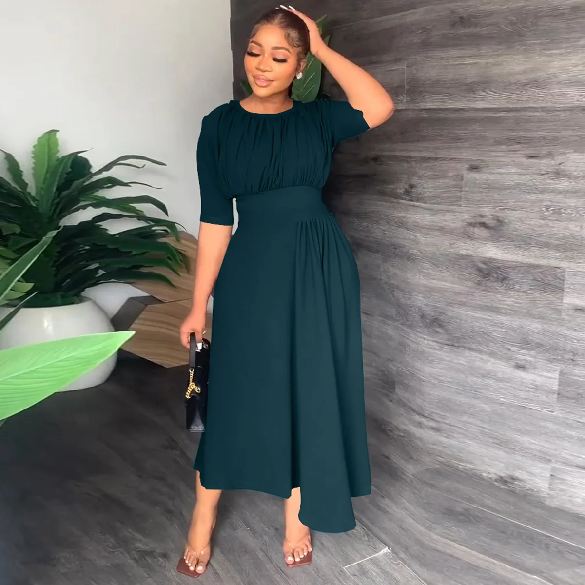 

Women's Spring And Summer Solid Color Round Neck Waist Fold Irregular Dress Back Invisible Zipper Elegant Style Midi Dress