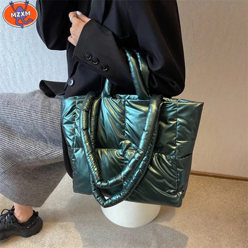 

MZXM Feather Padded Ladies Quilted Shoulder Bag Women Large Capacity Tote Bags Space Cotton Luxury Brand Handbag Shopper Bag