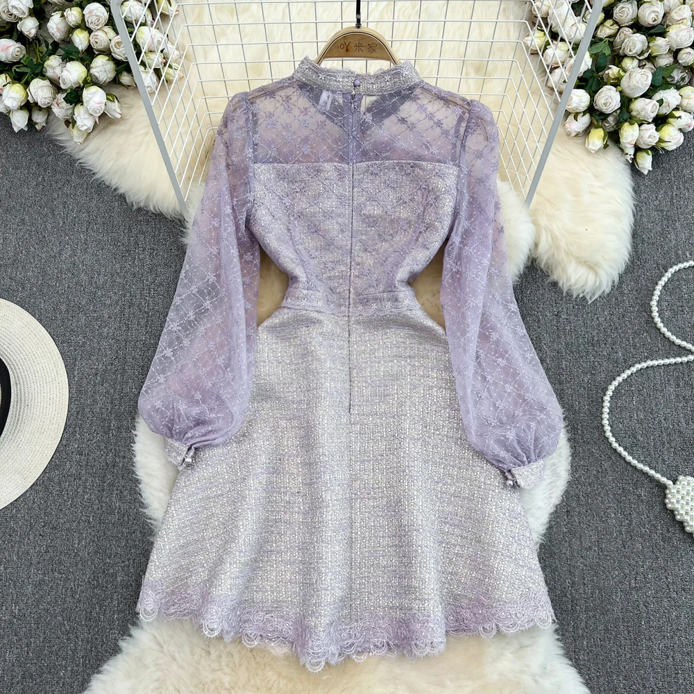 

2023 Spring and Autumn bow Bubble sleeve purple nail beaded embroidery stitching tweed dress