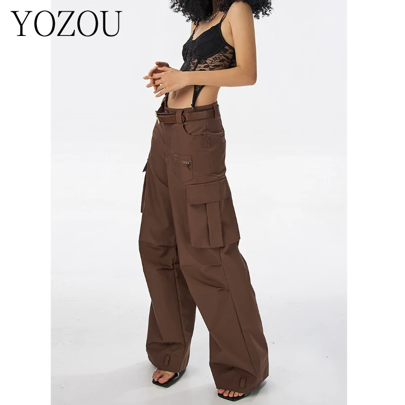 

[YOZOU] Cotton Vintage Wide Leg Cargo Pants Women Chic Baggy Brown Black Denim Jeans with Pockets Streetwear Trousers Rave Jeans