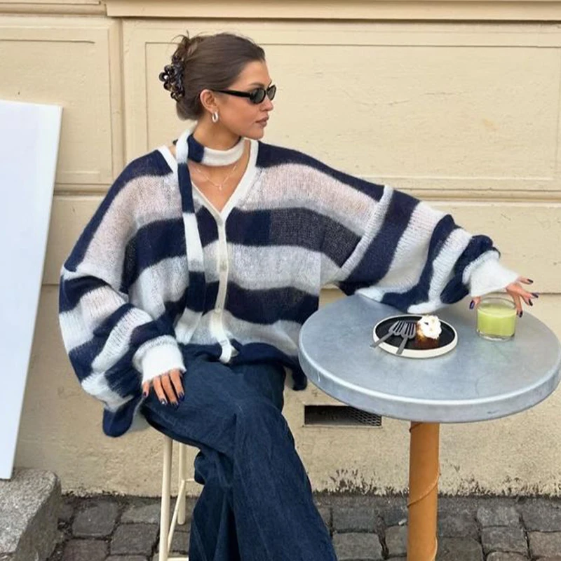 Loose Mohair Striped V-neck Cardigan Women With Scarf Fashion Lantern Sleeve Single Breasted Knitwear Casual Lady New Streetwear