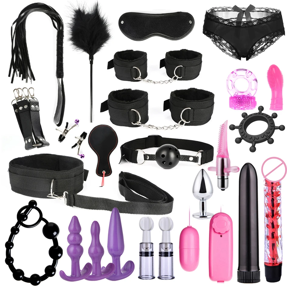 Bondage 13/15/17/26 pezzi Kit di contenimento BDSM Vibratore a proiettile Manette Frusta Bavaglio per bocca Pallina anale Plug anale Adulto_voghion.com