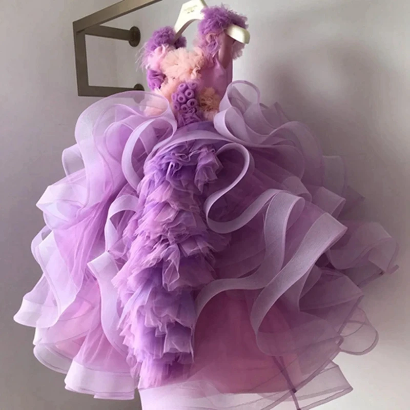 

Cute Fluffy Organza Ruffles Flower Girl Dresses Beautiful Tulle Floral Long Pageant Dress For Girls Puffy Kids Communion Gowns