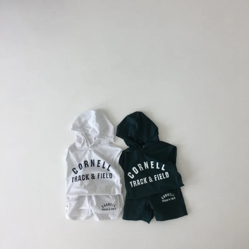 

Children's Summer Clothes Set Letter Printing Hooded Sleeveless Tops + Shorts Baby Boys Sets Casual Sports Clothing Outfits Sets